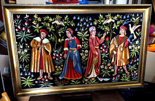 Großes Wollbild-Stickbild 135 x 86 cm.mit goldfarbener Rahmen Motiv Mittelalter