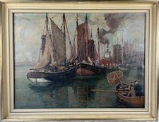 Ölbild Impressionist Schiffe im Hamburger Hafen Karl Buchholz 1868 - 1930