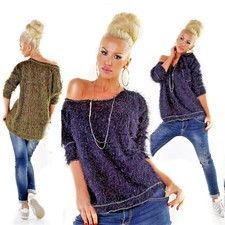Luxus TUNIKA Büro Business PULLOVER Zottel Lurex Blau Grün OVERSIZED Sweater