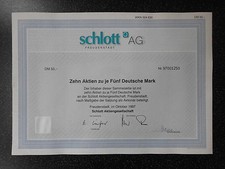 SCHLOTT AG FREUDENSTADT 1997 50 DM AKTIE + KUPONBOGEN  HIST. WERTPAPIER 