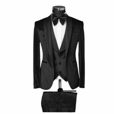Slim Fit Herren Samt Smoking in Schwarz mit Weste -Anzug-Hochzeit-Bühne-Sakko
