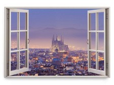 120x80cm Wandbild Fensterbild Barcelona Spanien Kathedrale Abend Altstadt