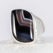 a Silberring Siegel gebänderter Achat Schwarz Weiß freie Form Gr. 60