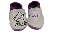 Baby  Krabbelschuhe, Lauflernschuhe, Katze Leder bestickt personalisiert Handmad