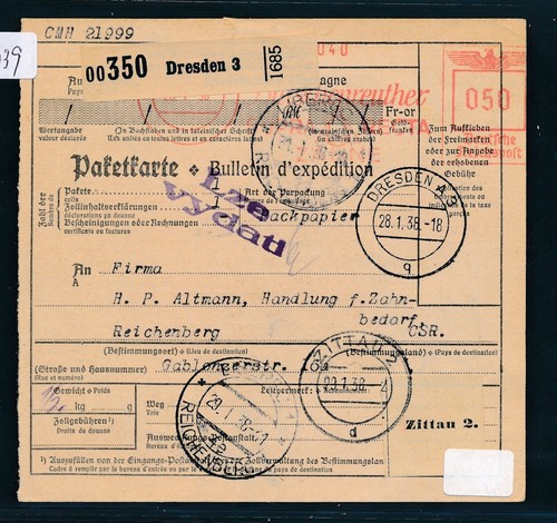 19039 paketkarte 1938 mit afs - paketkarte,