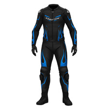 Damotogear Black Blue Flame Premium Leather Race Suit - 1PC Biker Gear