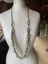 NEU Statement Kette lang weiße Perlen Silber Glieder mehrreihig Ibiza Boho