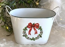 Übertopf Blumenkübel Schale Jardiniere, Blätterkranz rote  Schleife, Metall Weiß
