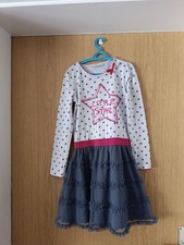 Niedliches weiß-dunkelblaues Langarmkleid  mit Tüllrock in Gr. 122/128