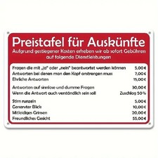 Blechschild Preistafel für