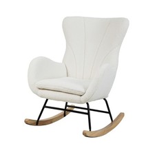 B-Ware KNUT Schaukelstuhl Schwingstuhl Holzkufen mit Armlehnen Teddy-Boucle Weiß