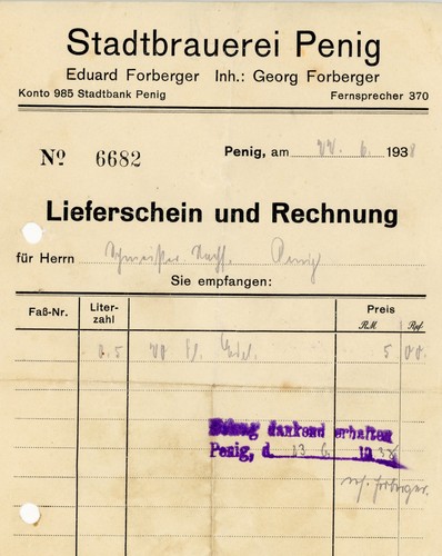 Rechnung stadtbrauerei penig - stadtbrauerei,