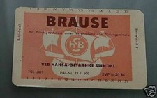 Neu - 1x altes DDR Etikett - VEB Hansa-Getränke Stendal - BRAUSE - Brauerei SDL