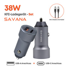 SAVANA Auto Schnell Ladegerät 38W USB-A & USB-C + 1.2m USB-C Kabel PD/QC 3.0 KFZ