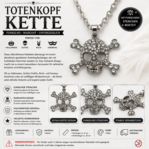 Totenkopf kette silber strass - totenkopf,