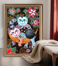 50/70cm Katzenbild handgemalt Leinwand - Folk Art - Katze Mond Wandkunst - Acryl