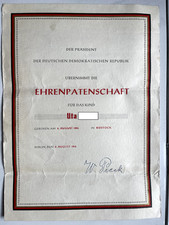 Urkunde EHRENPATENSCHAFT DDR Präsident 1955 Autogramm W-PieckRostock Mecklenburg