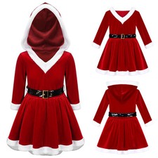 Kinder Mädchen Weihnachten Kleid Langarm Weihnachtskleid mit Kapuze Samt Kleider