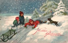 AK Herzlichen Glückwunsch z neuen Jahre Schnee Kinder Schlitten Hund (Nr. 2126)