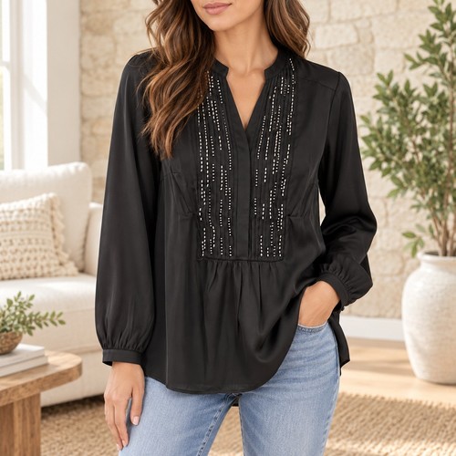 Bluse langarm schwarz satin - langarm,