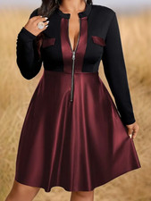 Minikleid mit Kontrastkragen, Langarm-Reißverschluss-PU-Leder, sexy Kleid