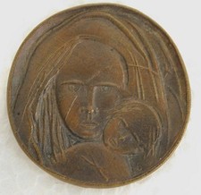 Bronze Plakette Mutter mit Kind Madonna signiert B Ø4,4cm