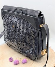 Assima Flechttasche Schwarz / Dunkelblau Echtleder 1980er Vintage