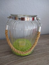 Kerzenglas, Dekoglas, Glas rund, geriffelt, mit Kies und Kordel