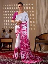 Women White Rani Pink Saree