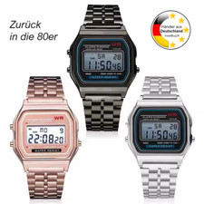 Herren Damen Digital Armbanduhr Metall Armband LED 80er Vintage Retro Uhr Licht