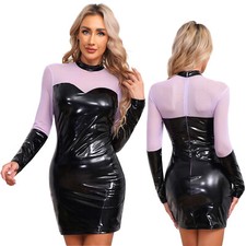 DE Damen Wetlook Lackleder Kleider Bodycon Minikleid Langarm Partykleid Clubwear