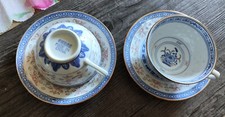 Chinesisches  Porzellan Blau Weiß Durchscheinende Reiskorn 2x Untertasse+Tasse