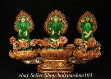 12.6" Old Chinese Copper 24K Gold Gilt Filigree Emerald Jade 3 Shakyamuni Statue