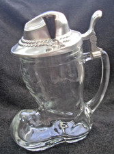 Glaskrug Bierkrug Seidel = Stiefel mit Zinndeckel = Tiroler Hut mit Gamsbart BMF