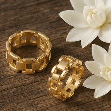 Goldfarbener Edelstahl Ring 7,5 mm breit Ketten Glieder Design, Unisex, Damen