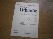 Trabant Qualitätsurkunde "Meine Hand für mein Produkt" original VEB Sachsenring
