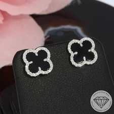 Wert 1470 € Diamant Onyx Ohrstecker Kleeblatt 585 14 Karat Weiß Gold xxyy