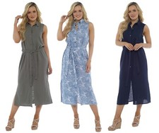 Damen Leinen Kleid Knopf