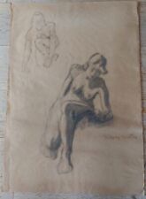 Antiker Akt Sitzender Akt Bleistift Kohlezeichnung signiert auf Papier
