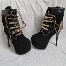 High Heels Schür Stiefeletten - Gr. 40 -  15 cm / 5 cm Plateau - Velourleder NEU