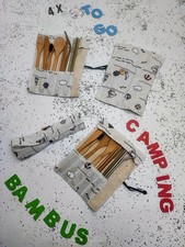   4 x Besteck-Set mit Baumwollschutzhülle-Camping-Outdoor-Bambus-Neu