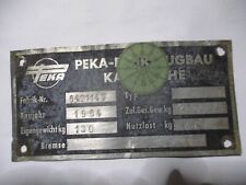 Typenschild Schild PEKA Fahrzeugbau Anhänger 1964 400kg Oldtimer Motorradanhänge