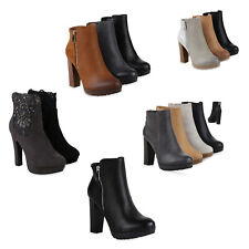 Damen Ankle Boots Plateau Stiefeletten Zipper Holzoptikabsatz 78971 Schuhe