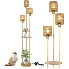 Rayofly Gold Stehlampe Wohnzimmer, 3-flammige Rattan Stehlampe mit Regal,