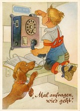 Dackel in der Telefonzelle, Künstlerpostkarte, Bildkunstverlag Lengauer, München