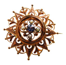 Zarte Jugendstil 333 Gold Brosche mit Saphir & Saatperlen - ziseliert - um 1910