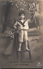 AK Glückwunsch Namenstag Foto Junge auf Leiter, gel. 1915 Ahrweiler (Nr. 2898)