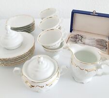 Kaffeeservice 6 Personen Porzellan KAFFEEHAUS  Weiss Gold Edel Inkl Kuchengabeln