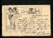 Junge Frauen mit Schriftrolle im Jugendstil, Ansichtskarte 1900 