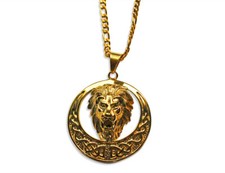 Edelstahl Halskette Ø 5mm 60cm mit Löwenkopf Anhänger Ø 51mm in Gold (1559-5)